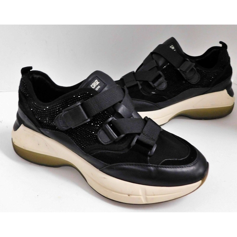 Lola Cruz Jeweled Sneaker Women 39 8-8.5 Black Leather Elastic Strap Shoe